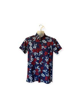 Retro Rifle Patriotic Hawaiian Button Up Shirt Blue Mens Small